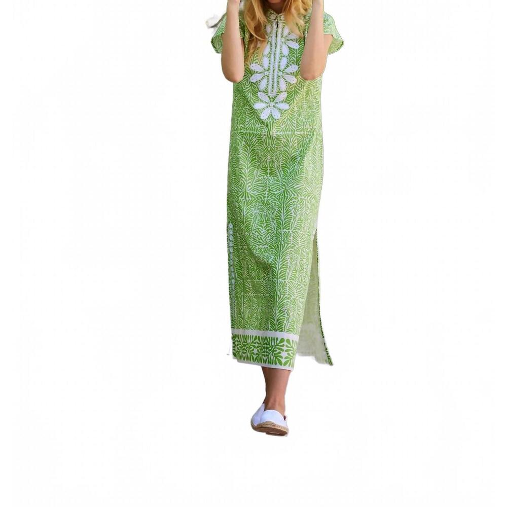 NEW BELLA TU printed cotton caftan dress in coral & green